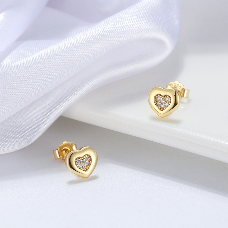 RINNTIN APE01 Fashion 14k Gold Plated Heart Shape Stud Earrings 925 Sterling Silver Earrings Jewelry For Women