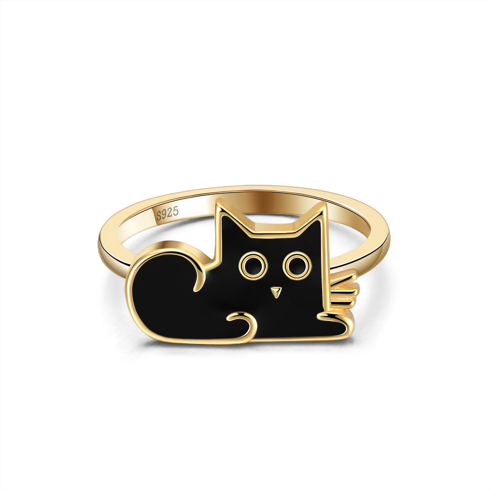 RINNTIN EQR06 Fine jewelry 925 sterling silver gold plated cat animals finger rings