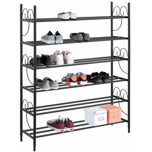 Wholesales Home Furniture 6-Tiers Best Quality Shoe Wire Tube Display Storage Metal  Easy  Assembly Wood Shoe Rack