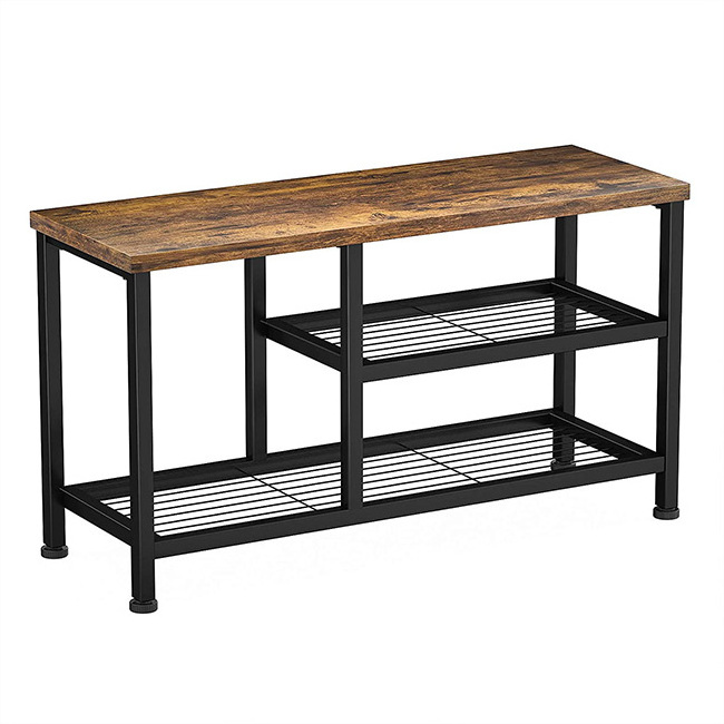 Three-layer simple antique iron + wood side table with storage rack indoor coffee table