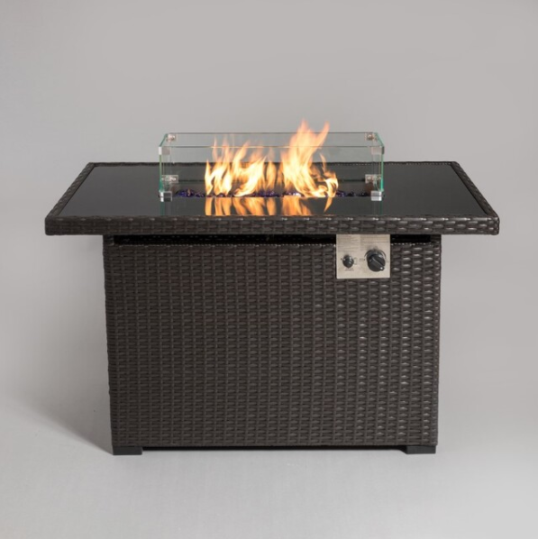 Rectangular rattan-look pure iron striped desktop 50000 BTU Outdoor Patio Gas Fire Pit table with windshield cover