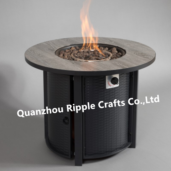 30 inch Round Tile Surface Rattan-Look 40000 BTU Outdoor Gas Furnace Fire Pit table with Windshield Cover