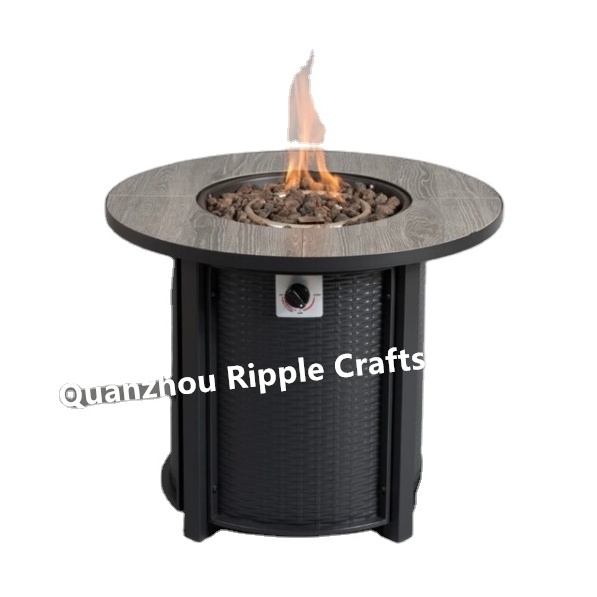 30 inch Round Tile Surface Rattan-Look 40000 BTU Outdoor Gas Furnace Fire Pit table with Windshield Cover