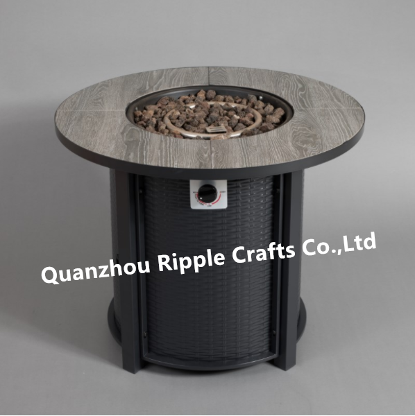 30 inch Round Tile Surface Rattan-Look 40000 BTU Outdoor Gas Furnace Fire Pit table with Windshield Cover