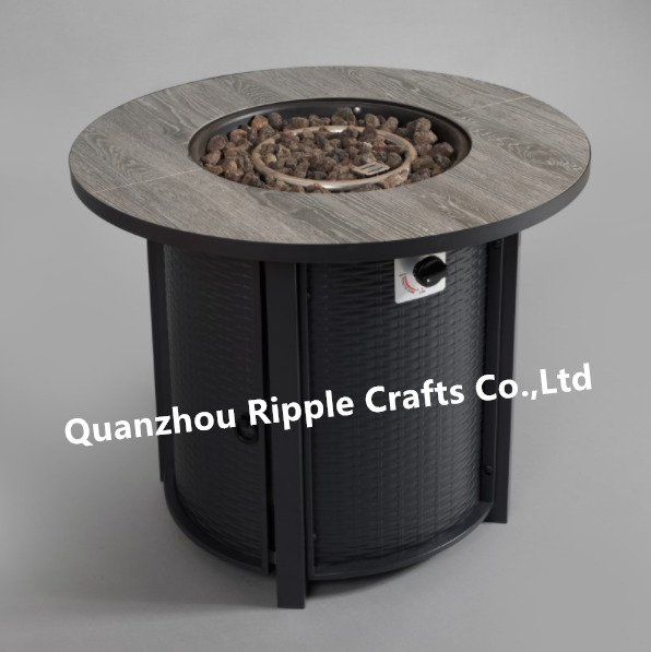 30 inch Round Tile Surface Rattan-Look 40000 BTU Outdoor Gas Furnace Fire Pit table with Windshield Cover