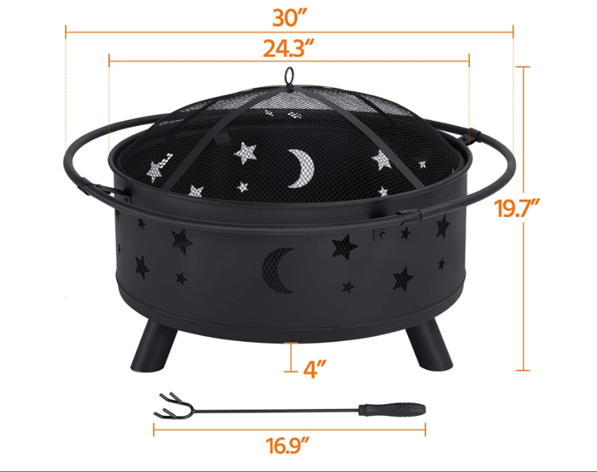 30in Outside Wood Burning Outdoor Firepit with Spark Screen and Poker for Bonfire Patio Backyard Garden Picnic