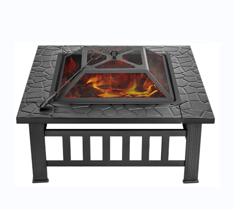 32 Inch Heavy Duty 3 in 1 Metal Square Patio Firepit Table BBQ Garden Stove with Spark Screen Cover Log Grate and Poker