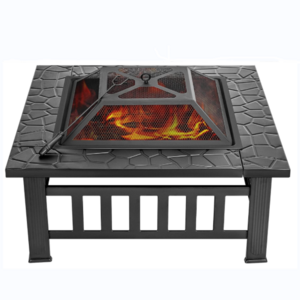 32 Inch Heavy Duty 3 in 1 Metal Square Patio Firepit Table BBQ Garden Stove with Spark Screen Cover Log Grate and Poker