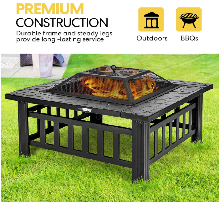 32 Inch Heavy Duty 3 in 1 Metal Square Patio Firepit Table BBQ Garden Stove with Spark Screen Cover Log Grate and Poker