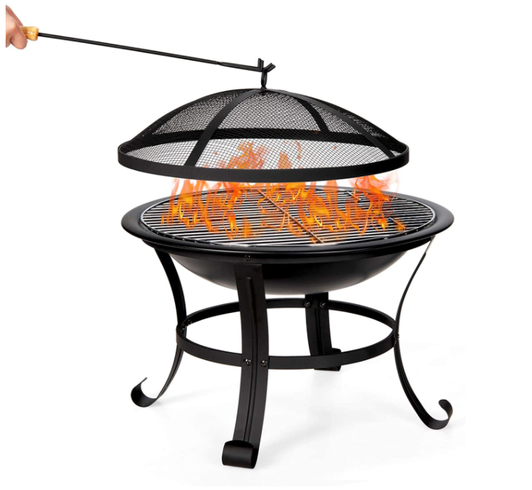 22 inch Wood Burning black metal fire pit with Poker and Grilling Grate and Handle