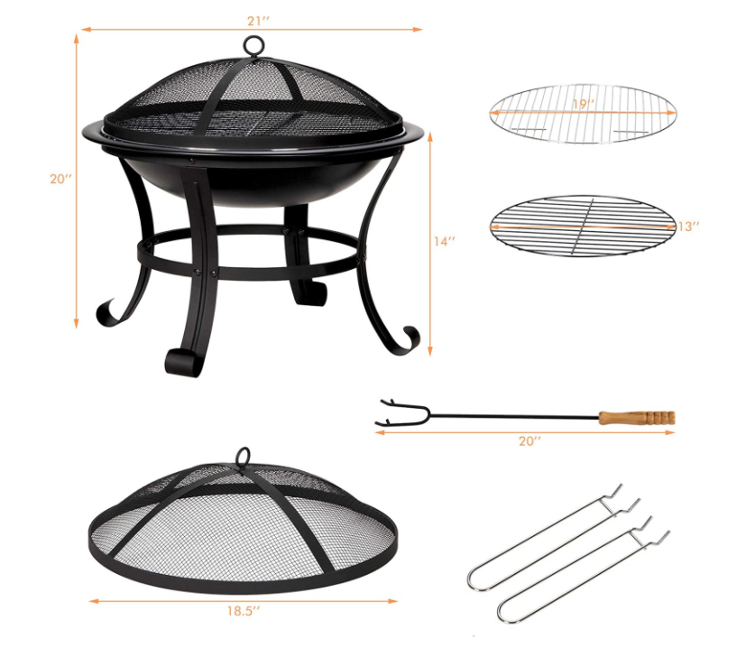 22 inch Wood Burning black metal fire pit with Poker and Grilling Grate and Handle