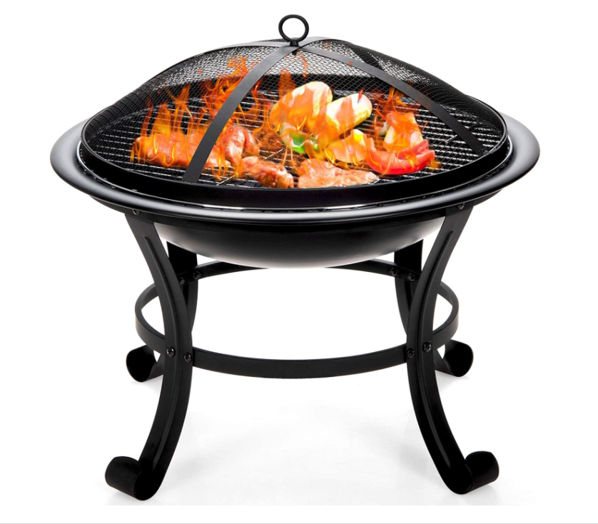 22 inch Wood Burning black metal fire pit with Poker and Grilling Grate and Handle