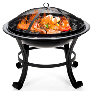 22 inch Wood Burning black metal fire pit with Poker and Grilling Grate and Handle