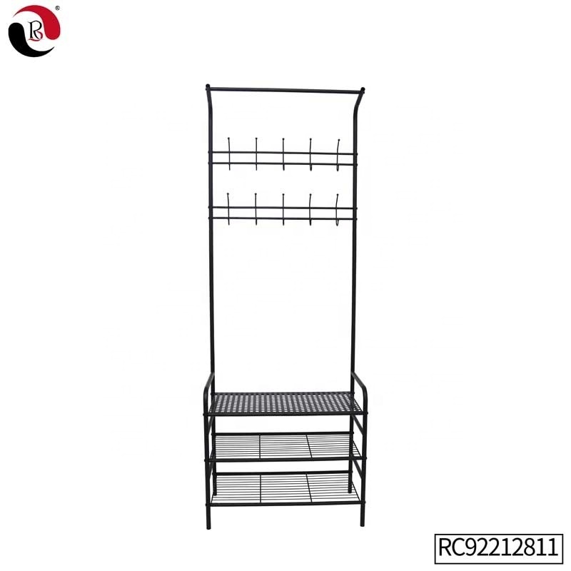 Hot Sale Black Bedroom Store Metal Coat Rack with 3 Tiers Shoes Storage Shelf