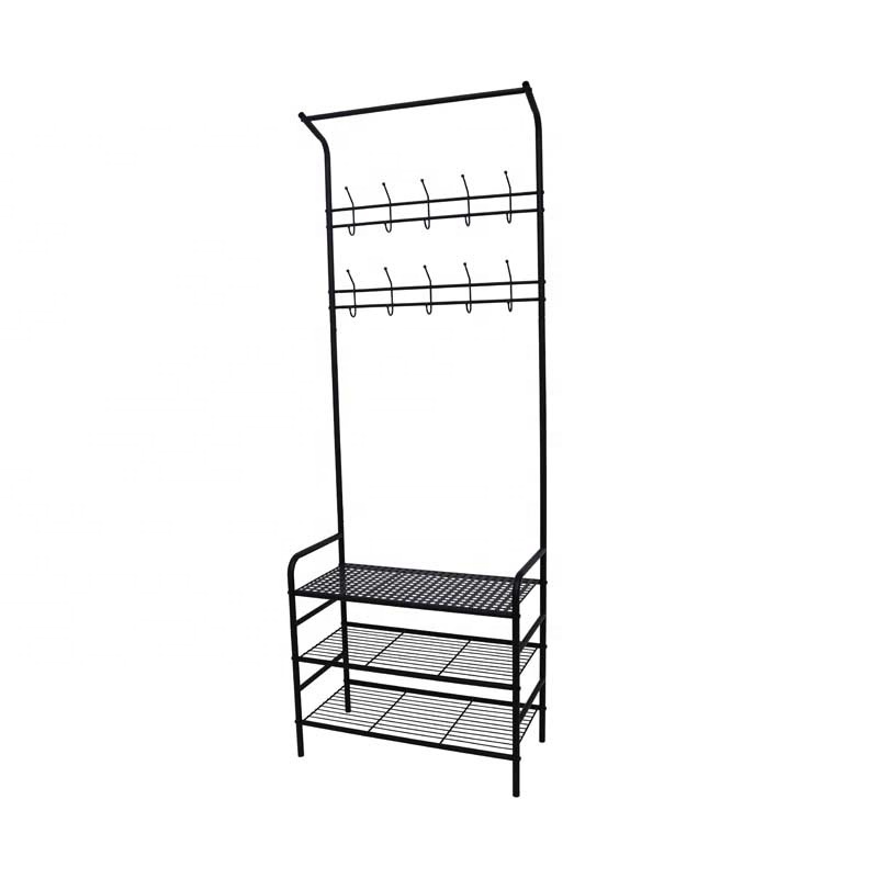 Hot Sale Black Bedroom Store Metal Coat Rack with 3 Tiers Shoes Storage Shelf