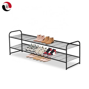 Hot Selling Black 18-Pairs Low Long 2-Tier Metal Shoe Rack for Entryway Bedroom Floor