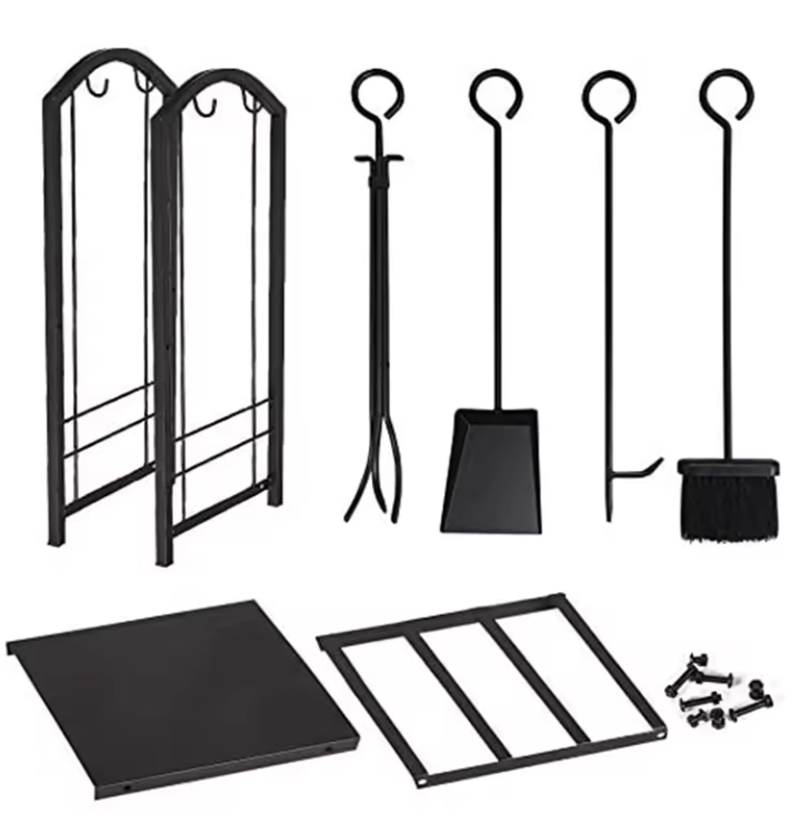 30inch Fireplace Tool Rack Wood Holder with 4 Tools Wrought Iron Accessories Outdoor Firepit Tools Set