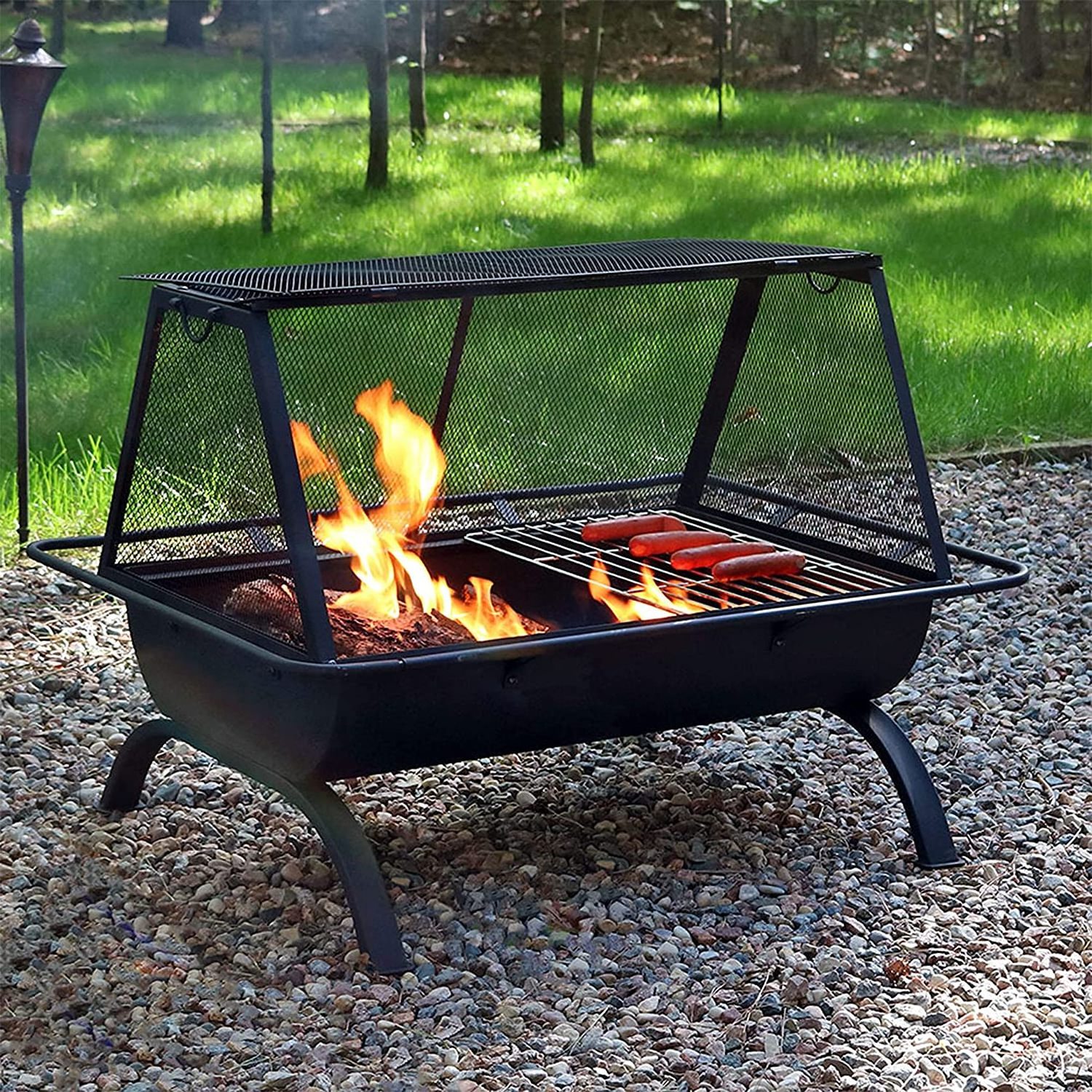 Outdoor Rectangular Fire Pit with Grill - 36-Inch Large Wood-Burning Patio & Backyard Fire Pit for Outside with Cooking BBQ