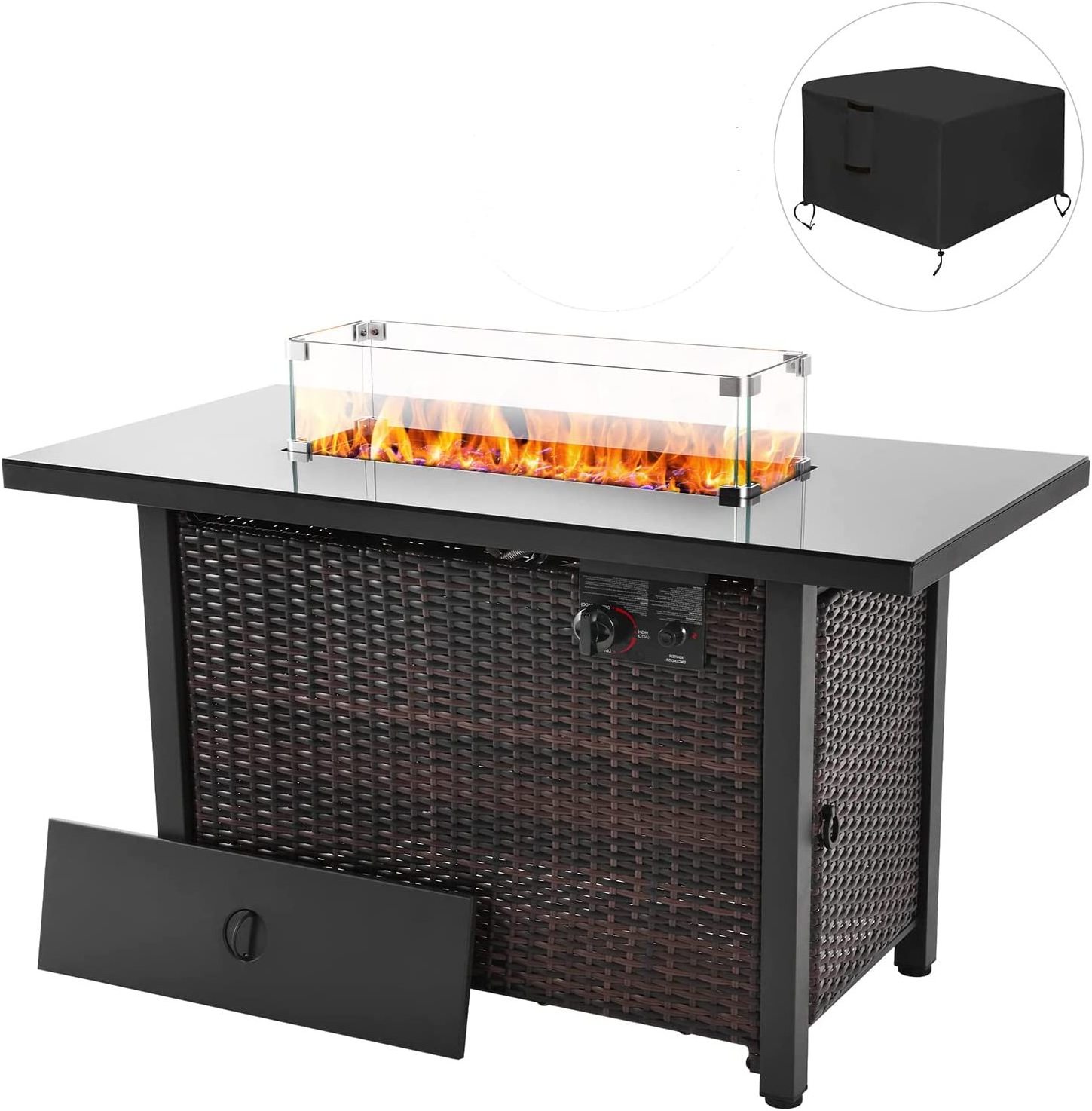 44 in Propane Fire Pit Table Rattan Fire Pit Table with Glass Wind Guard 60,000 BTU Auto-Ignition Black Tempered Glass Tabletop