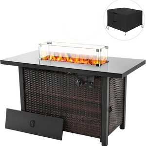 44 in Propane Fire Pit Table Rattan Fire Pit Table with Glass Wind Guard 60,000 BTU Auto-Ignition Black Tempered Glass Tabletop