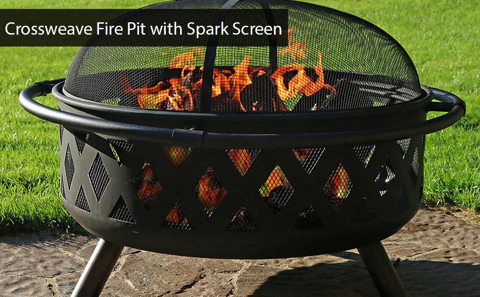 Black Crossweave Large Outdoor Fire Pit - 36-Inch Heavy-Duty Wood-Burning Fire Pit with Spark Screen for Patio & Backyard Bonfir