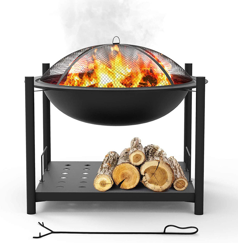 Wood Burning Fire Pit Bowl with BBQ Grill and Log Holder Storage Shelf Factory Outdoor Fire Ring 2-in-1 Metal Everyday Stocked