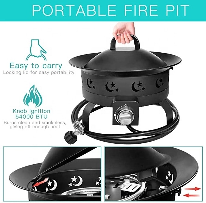 Propane Fire Pit for Camping Portable Firepit Outdoor Small Pits with Lid & Round Table Outside Gas Fireplace Smokeless