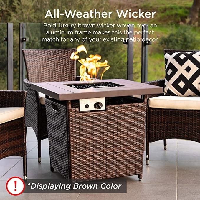 Wicker Patio Propane Firepit W/faux Wood Tabletop, Clear Glass Gas Fire Pit Table, 50,000 BTU Outdoor Best Choice Products 28in