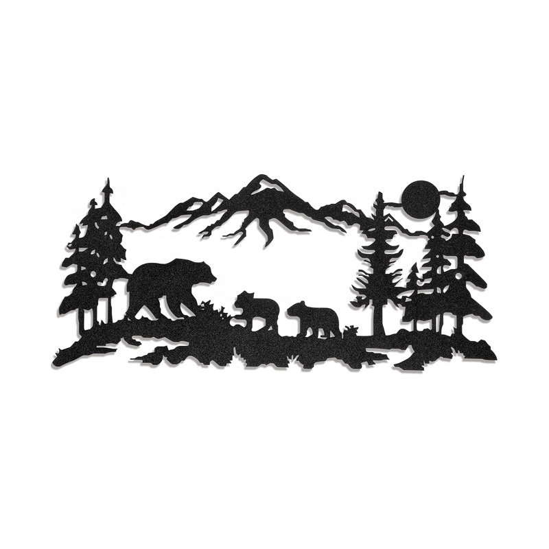 Popular Black Bedroom Wall Decoration Forest Mountain Metal Bear Wall Art Decor