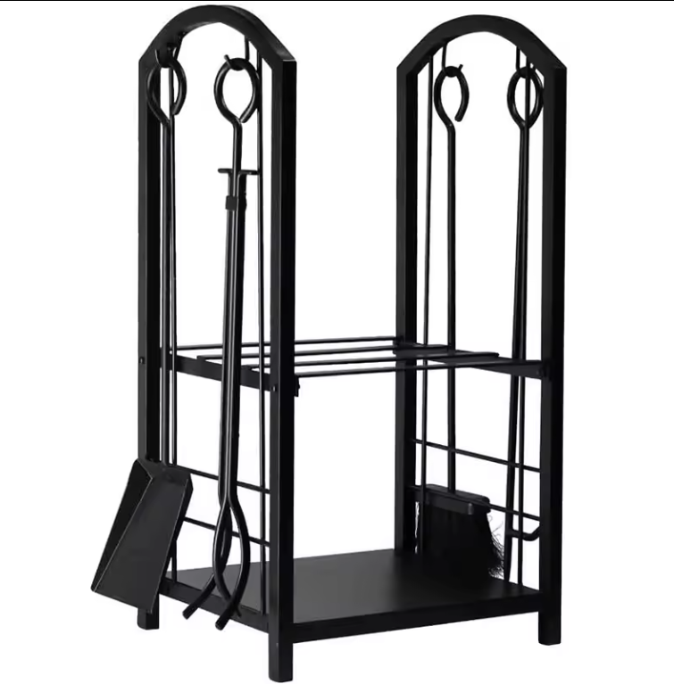 30inch Fireplace Tool Rack Wood Holder with 4 Tools Wrought Iron Accessories Outdoor Firepit Tools Set