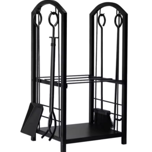 30inch Fireplace Tool Rack Wood Holder with 4 Tools Wrought Iron Accessories Outdoor Firepit Tools Set