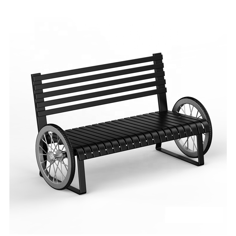 2023 New Design Black Park Yard Furniture Outdoor Metal Garden Bench with Wheel Armrest