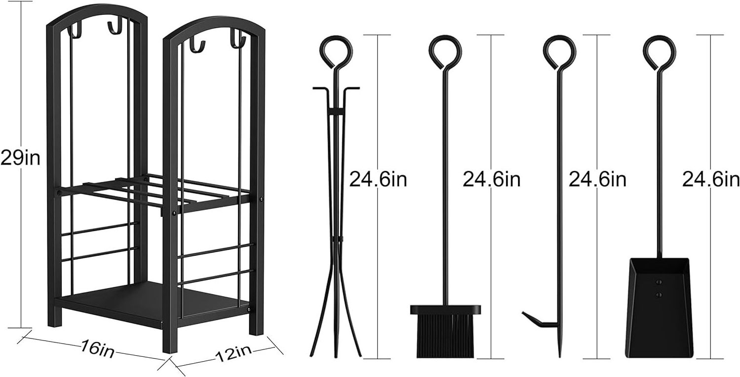 30inch Fireplace Tool Rack Wood Holder with 4 Tools Wrought Iron Accessories Outdoor Firepit Tools Set