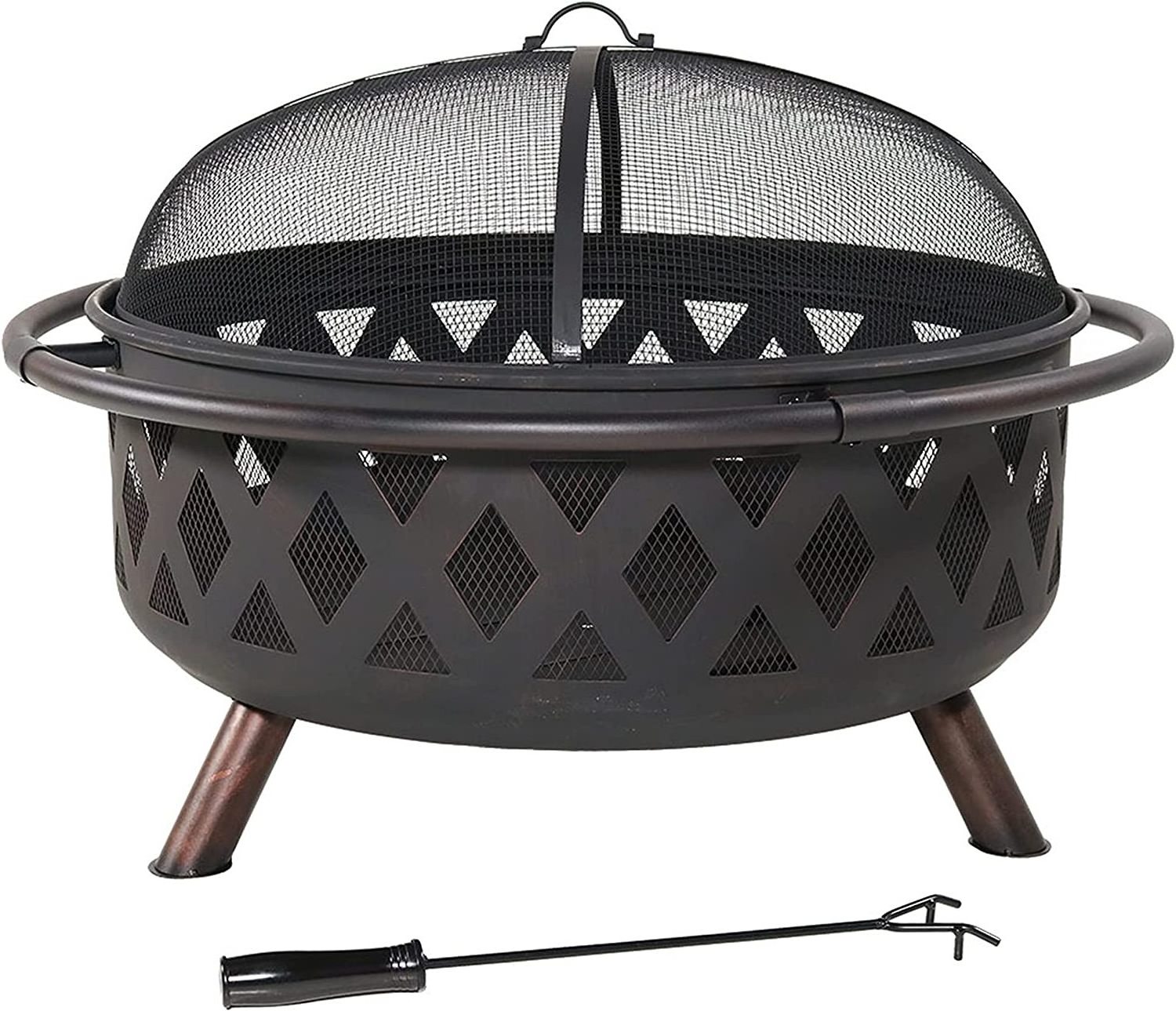 Black Crossweave Large Outdoor Fire Pit - 36-Inch Heavy-Duty Wood-Burning Fire Pit with Spark Screen for Patio & Backyard Bonfir