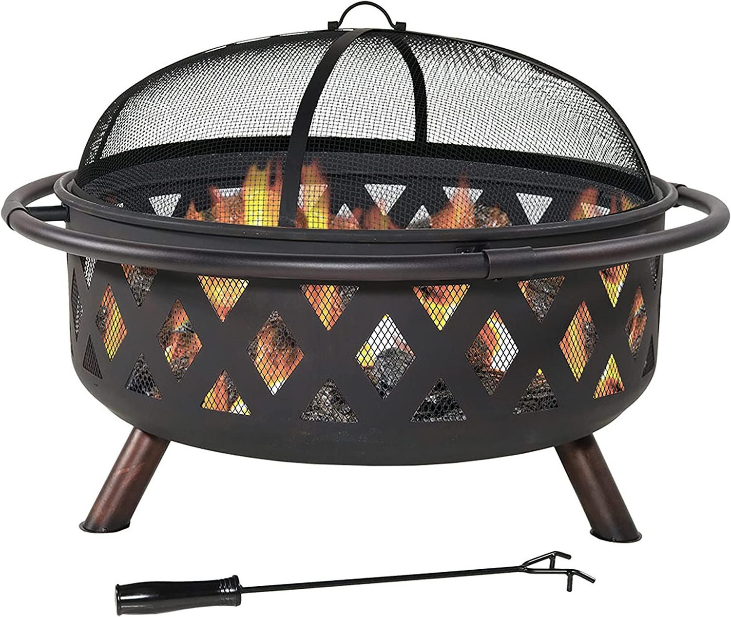 Black Crossweave Large Outdoor Fire Pit - 36-Inch Heavy-Duty Wood-Burning Fire Pit with Spark Screen for Patio & Backyard Bonfir