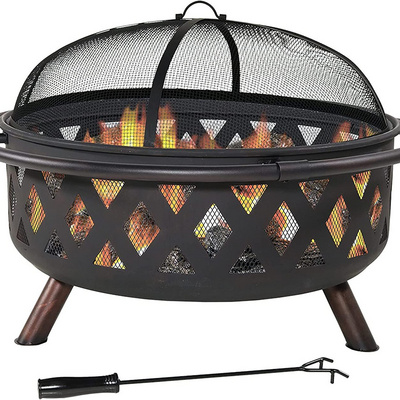 Black Crossweave Large Outdoor Fire Pit - 36-Inch Heavy-Duty Wood-Burning Fire Pit with Spark Screen for Patio & Backyard Bonfir