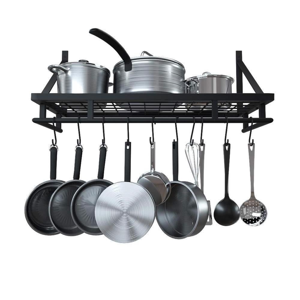 2020 Kitchen Shelf,Single Black Pan Shelf Wall Mounted Hanging Pot Rack with 10 Hooks