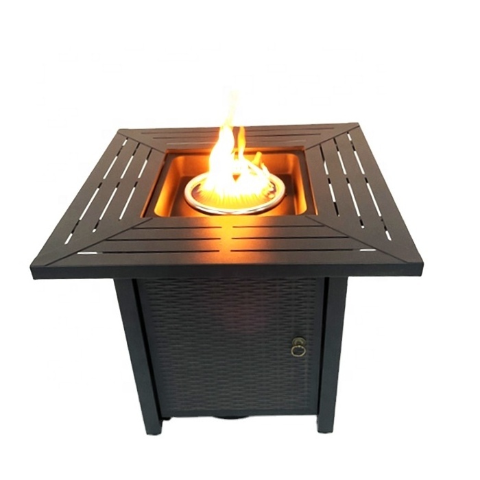 34 Inch Metal Black Square Safety Gas Furnace Garden Decor Steel Fire Table with Lid and Lava Rock Outdoor Fire Pit