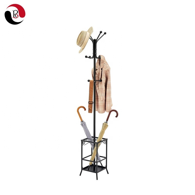 Hot Selling Black Entryway Hall Freestanding Tree Shape Metal Coat Rack with Umbrella Holder