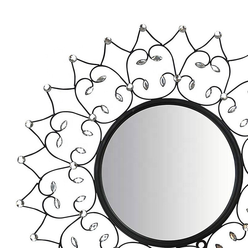 New Arrival Creative Wire Powder Coated Aluminum Diamonds Black  Decorative Round Wall Metal Frame Mirror