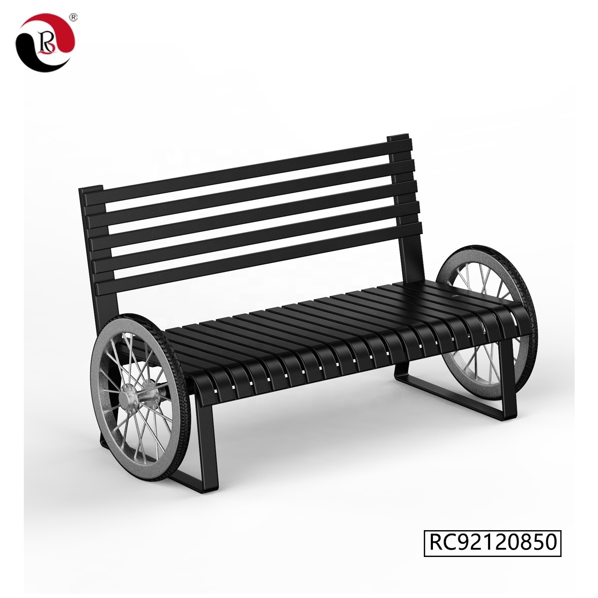 2023 New Design Black Park Yard Furniture Outdoor Metal Garden Bench with Wheel Armrest