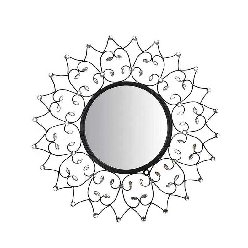 New Arrival Creative Wire Powder Coated Aluminum Diamonds Black  Decorative Round Wall Metal Frame Mirror