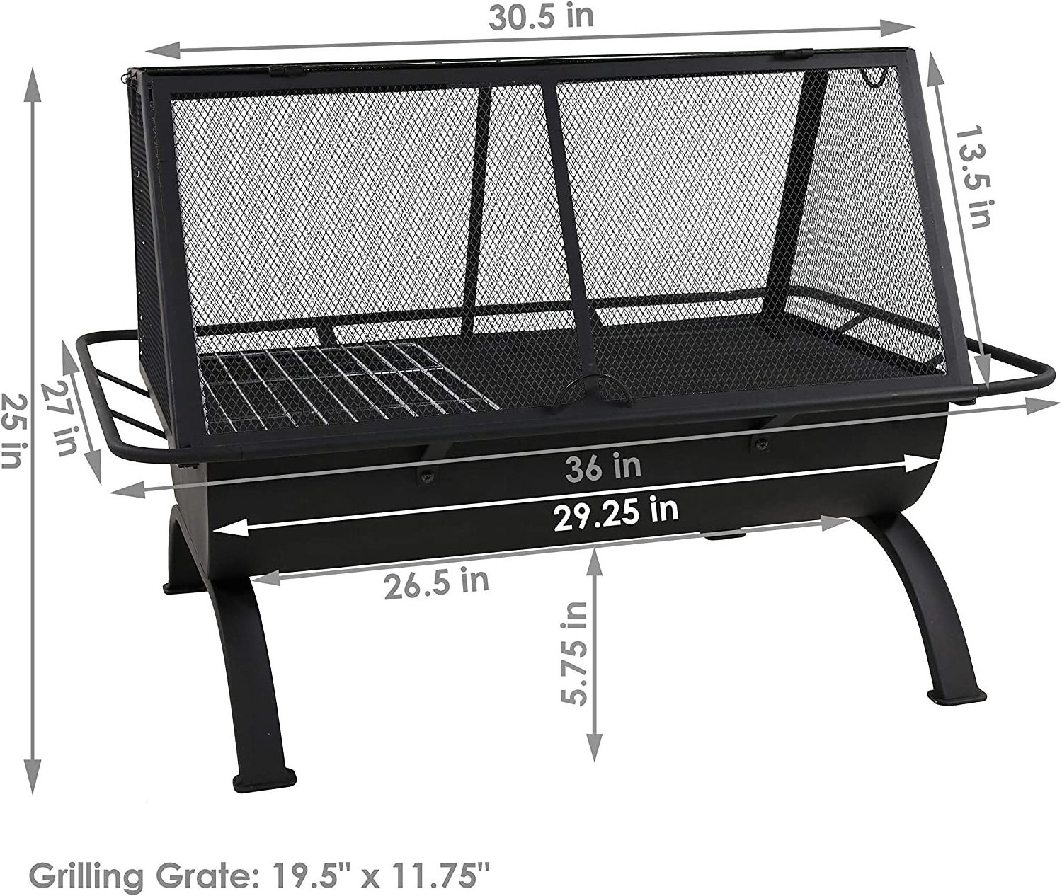 Outdoor Rectangular Fire Pit with Grill - 36-Inch Large Wood-Burning Patio & Backyard Fire Pit for Outside with Cooking BBQ