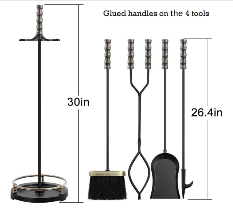 Black Wrought Iron Round Base 5 Pieces Modern Outdoor Fireset Fireplace Tools Set Antique Fire Place Tongs Shovel Brush Poker