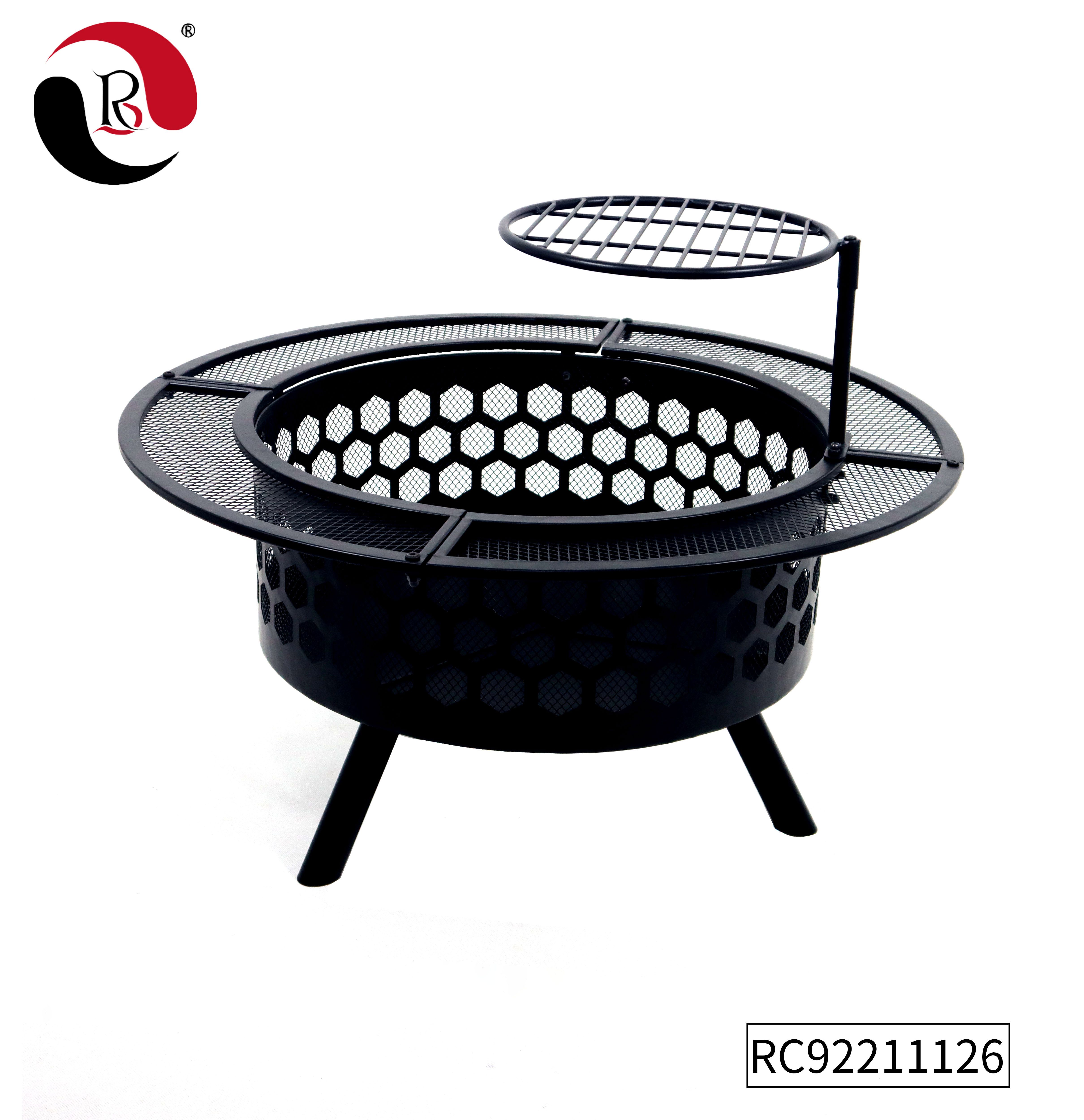 32 In Large Outdoor Wood Burning Fire Pits Patio Backyard Firepit with Steel BBQ Grill Cooking Grate