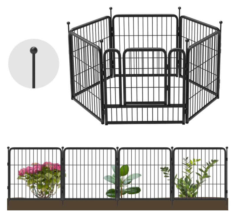 12.5ft (L)X24in (H) Decorative Garden Black Metal Fence with 1 Gate Outdoor Animal Barrier Dog Pet Fencing for Yard Patio