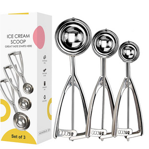 Custom Logo Ball Metal, Stainless Steel 2.5cm Cookies Spoon Ice Cream Scoop Set Of 3 With Easy Trigger/