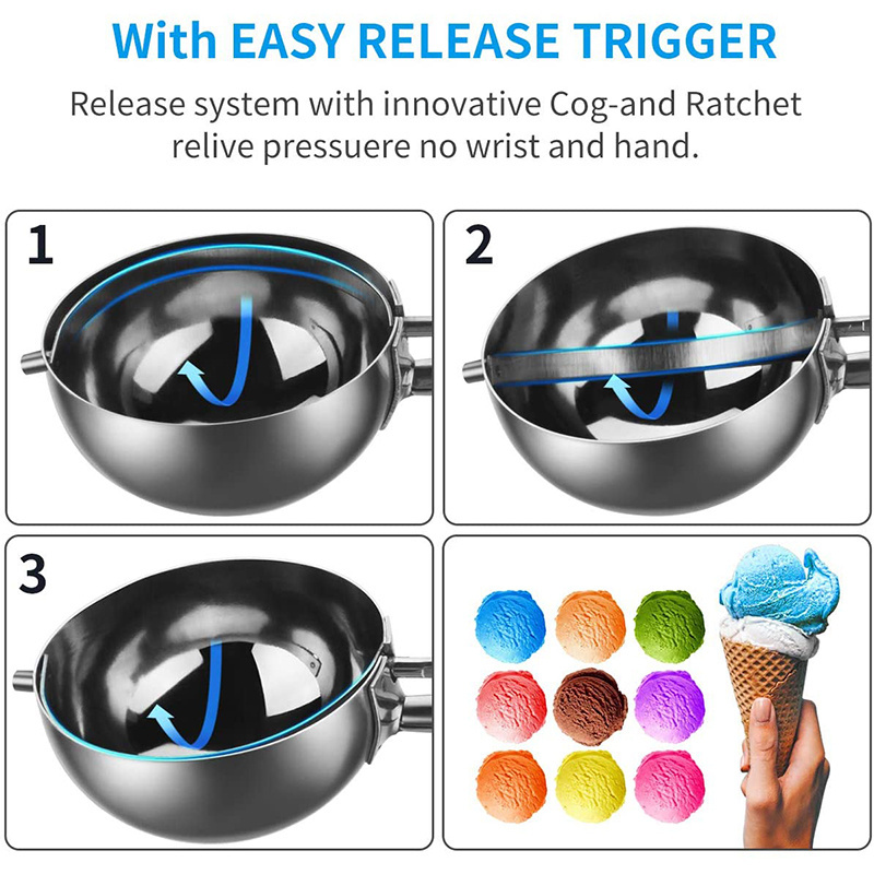 Custom Logo Ball Metal, Stainless Steel 2.5cm Cookies Spoon Ice Cream Scoop Set Of 3 With Easy Trigger/