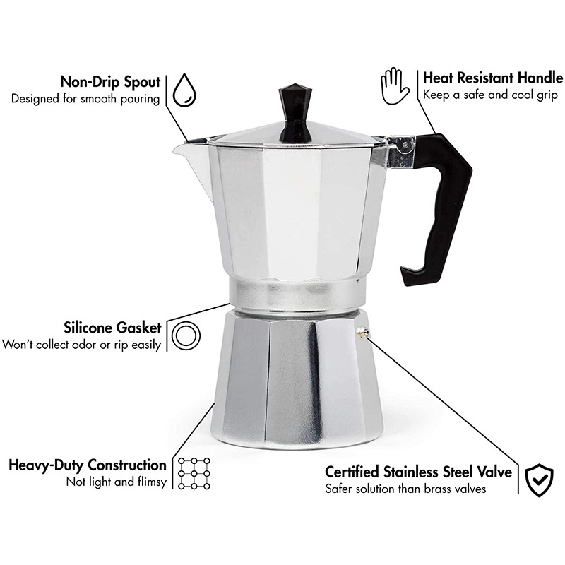 Home Office Use Aluminum, Classic Espresso Electric Coffee Maker Stove Moka Pot Bialetti Induction 6 Cups Stainless Steel/