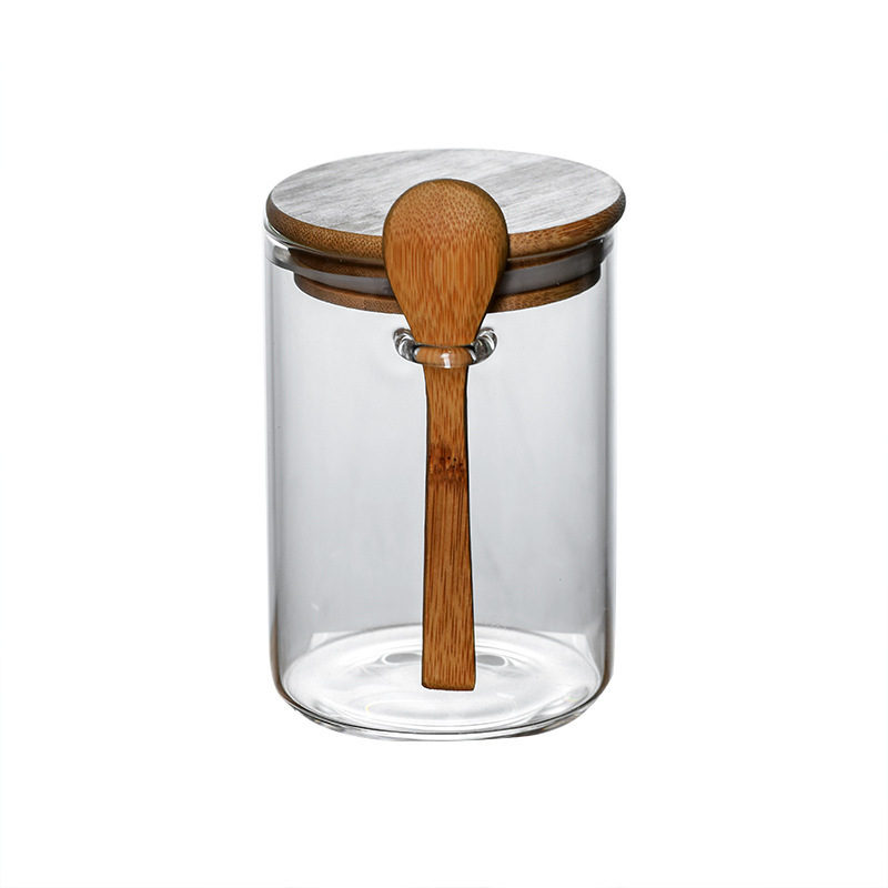 2022 Eco-Friendly Feature borosilicate glass food spice jar clear glass storage jar with bamboo spoon and press lid